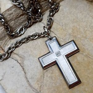 Vintage Stainless steel Cross on Rope Chain Necklace 30" Rare